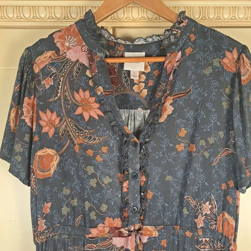 Knox Rose Midi Short Sleeve Blue Pink Floral Tiered Boho Print Dress Size Large - Picture 2 of 13